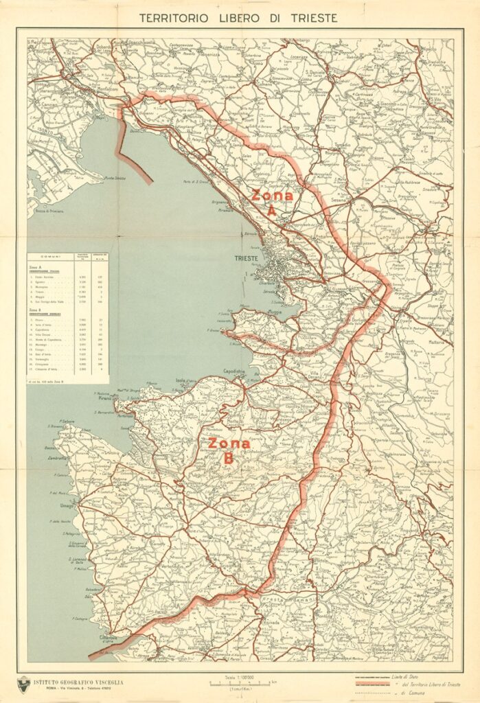 Il 10 febbraio del 1947 il Trattato di pace di Parigi tra l’Italia e le nazioni vincitrici della seconda guerra mondiale stabilisce il Territorio Liberodi di Trieste diviso in zona A e zona B